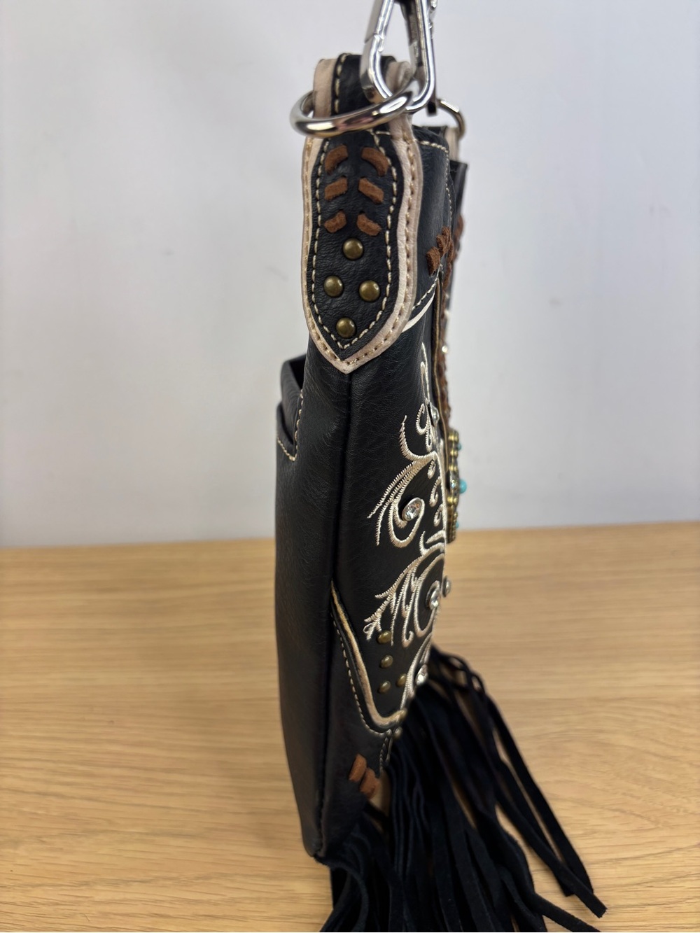 Fringed Embroidered Black Vegan Leather Crossbody Bag with Turquoise Concho - Picture 6 of 12